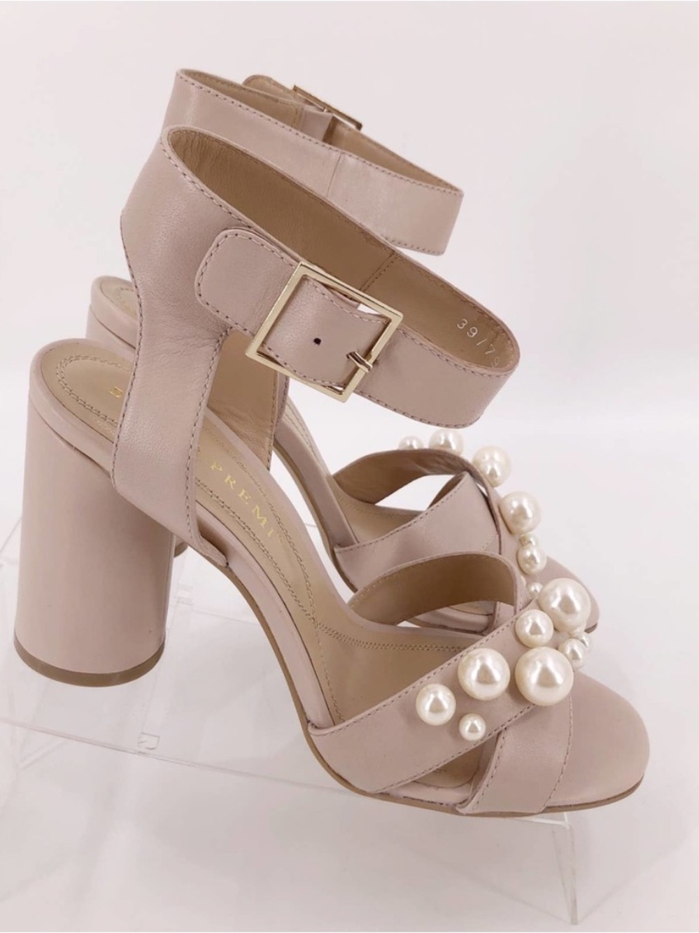 Pearl Embellished Ankle Strap Block Heels